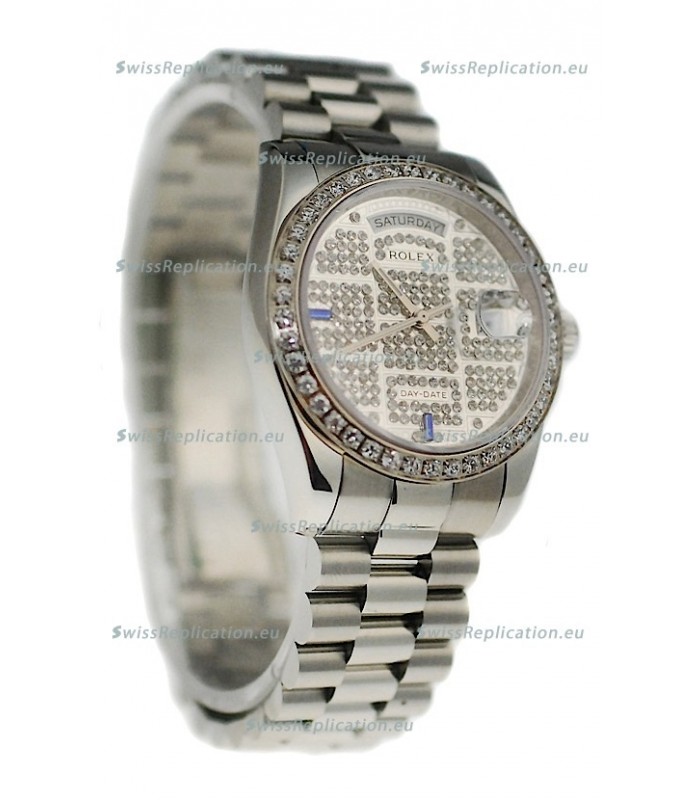 Rolex Day Date Silver Swiss Mens Watch in Diamond Dial