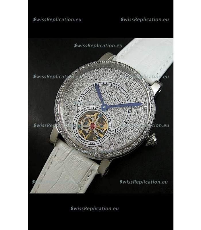 Cartier Ronde de Tourbillon Japanese Replica Diamond Watch in White Strap