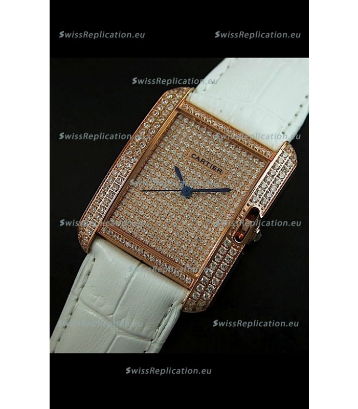 Cartier Tank Anglaise Ladies Replica Watch in Gold Case/White Strap