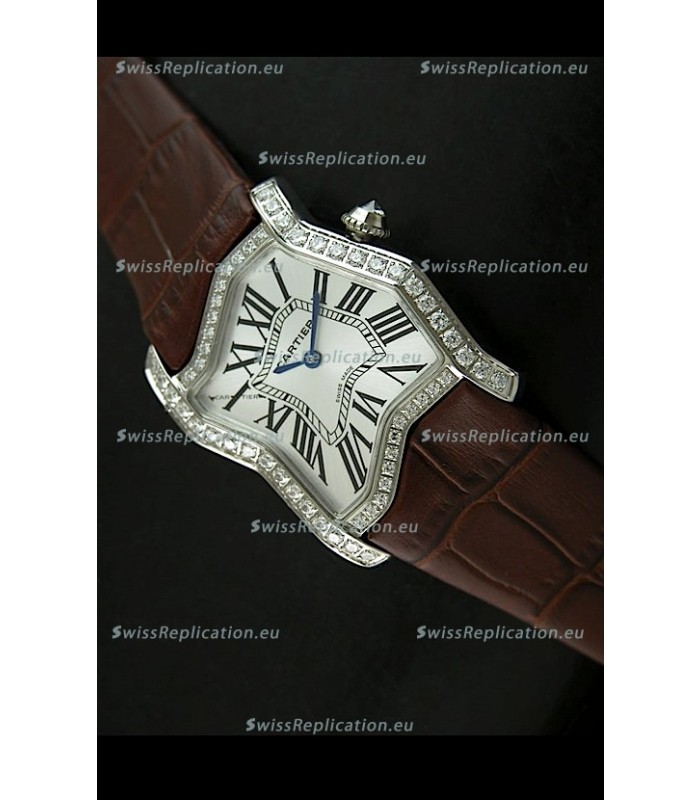 Cartier Tank Folle Ladies Replica Watch in Steel Case/Brown Strap