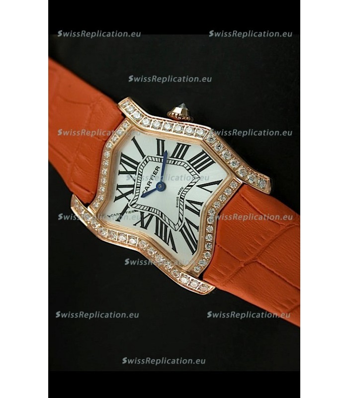 Cartier Tank Folle Ladies Replica Watch in Yellow Gold Case/Orange Strap