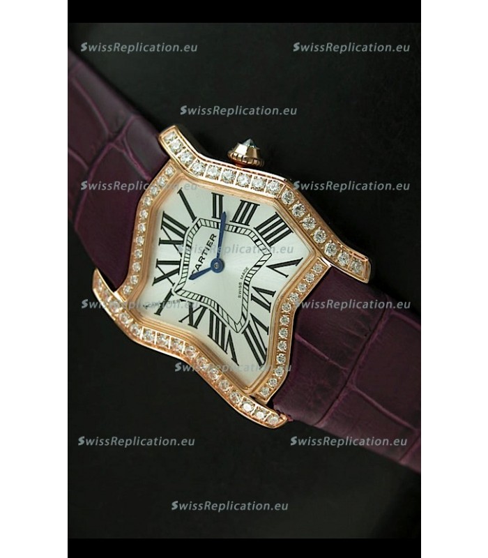 Cartier Tank Folle Ladies Replica Watch in Yellow Gold Case/Maroon Strap
