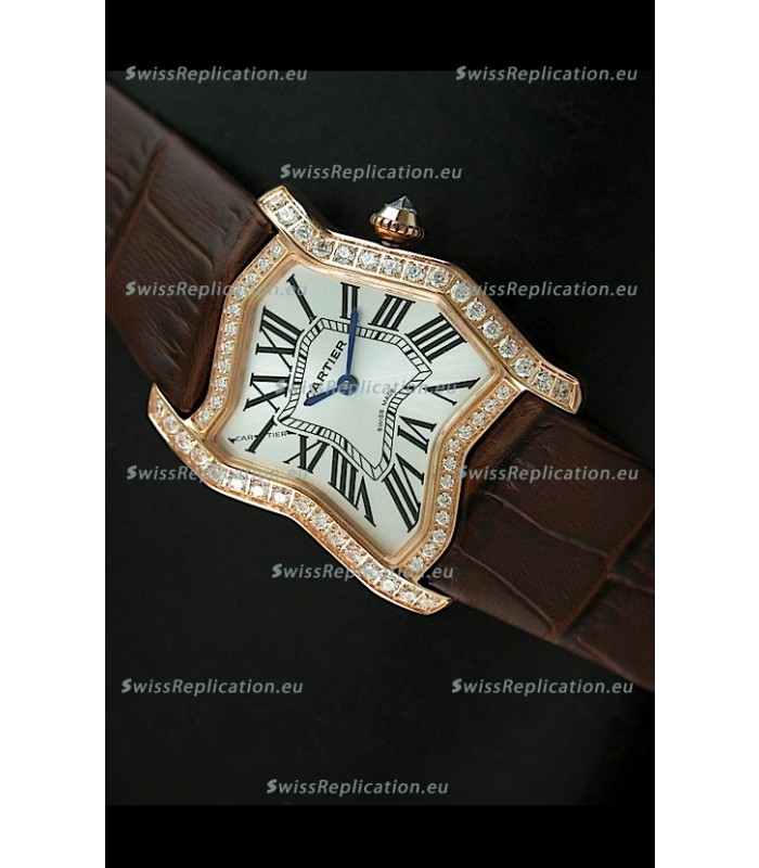 Cartier Tank Folle Ladies Replica Watch in Yellow Gold Case/Brown Strap