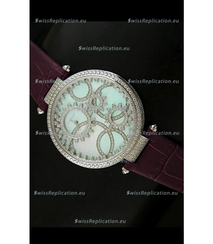 Cartier Replica Watch with Diamonds Embedded Dial Bezel in Steel Case/Maroon Strap