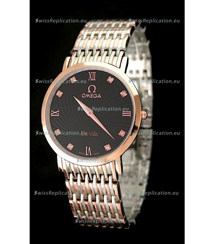 Omega DeVelie Japanese Replica Rose Gold Watch in Black Dial