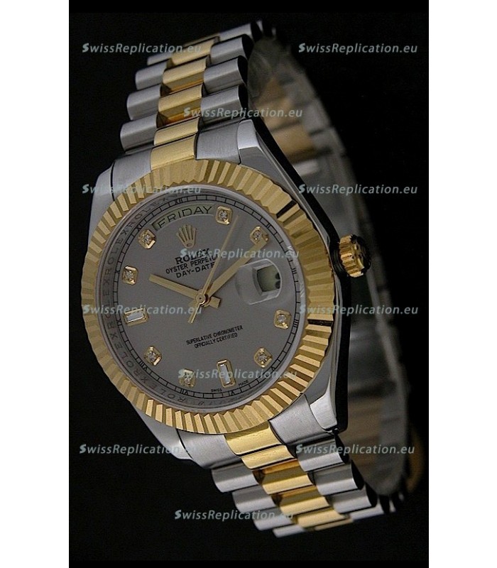 Rolex Day Date Just Japanese Replica Two Tone Gold Watch in Grey Dial