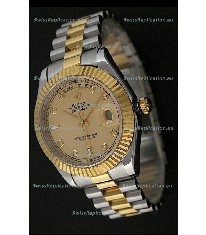 Rolex Day Date Just Japanese Replica Two Tone Gold Watch in Golden Dial