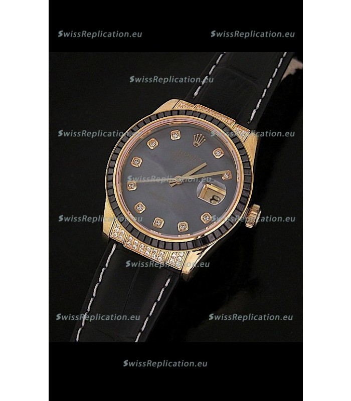 Rolex DateJust Japanese Mens Replica Yellow Gold Watch in Diamond Markers