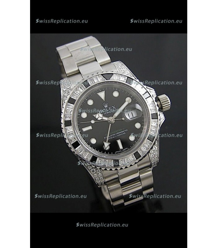 Rolex GMT Master II Swiss Replica Steel Watch in Diamond Bezel 