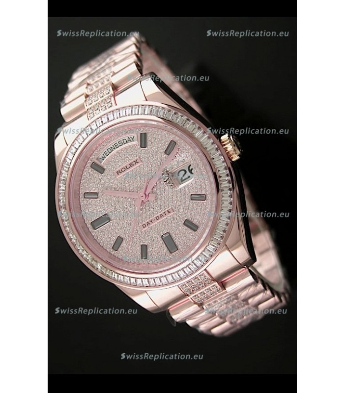 Rolex Day Date Japanese Automatic Rose Gold Watch in Diamond Bracelet