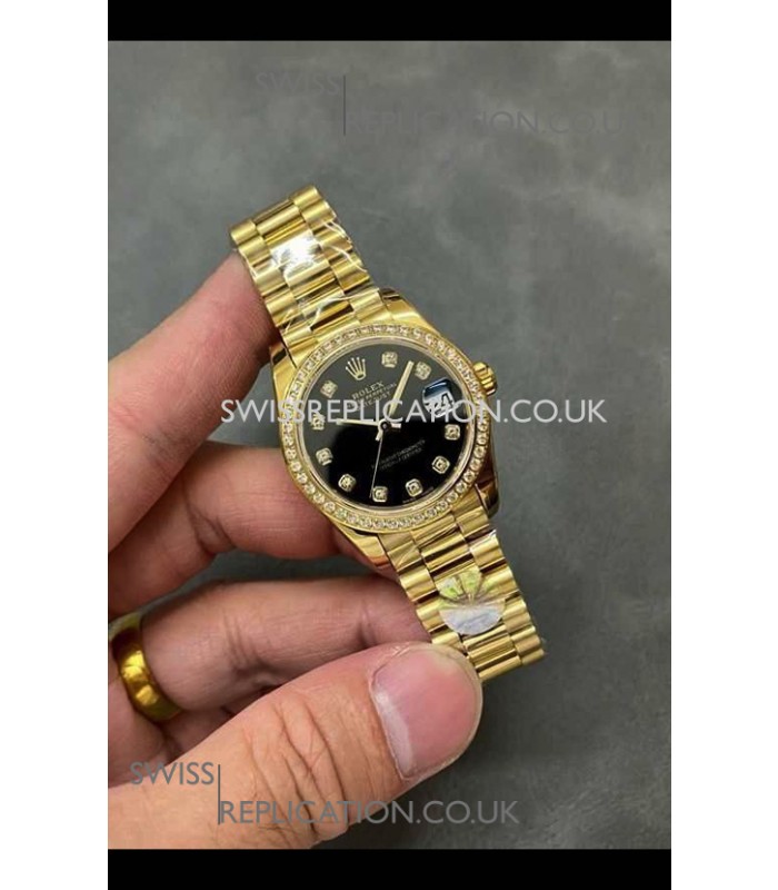 Rolex Datejust Ladies 28MM Black Dial Yellow Gold Super Clone Watch 
