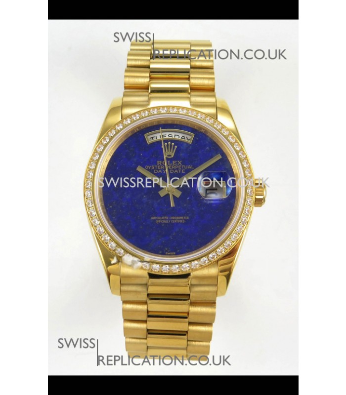 Rolex Day Date Yellow Gold Blue Lapis Dial Diamonds Bezel 36MM Swiss Replica