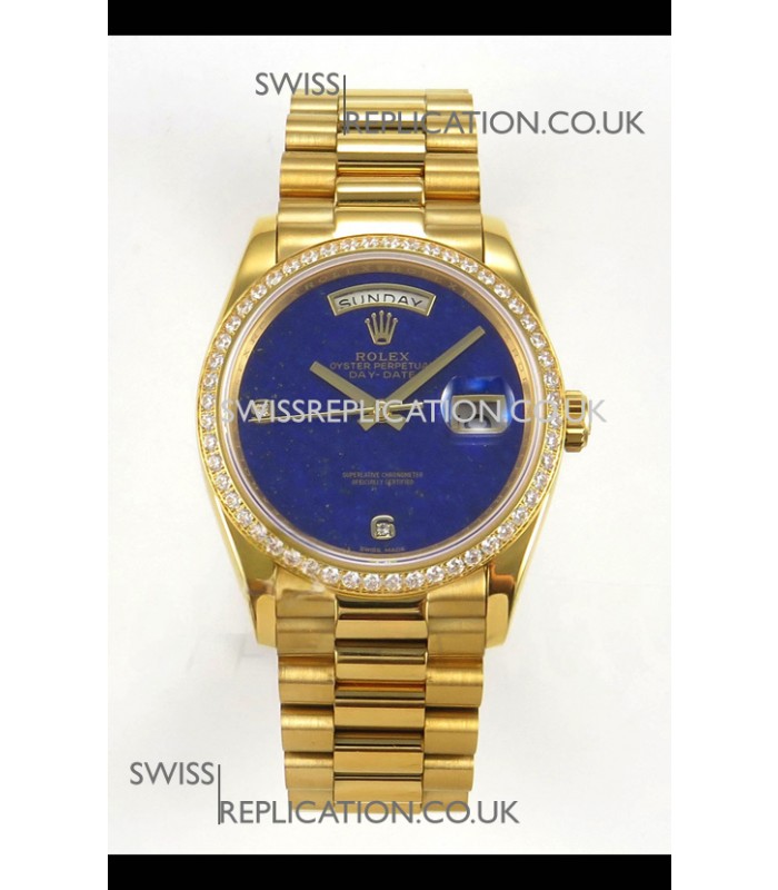 Rolex Day Date Yellow Gold Blue Lapis Dial Diamonds Bezel 36MM Swiss Replica