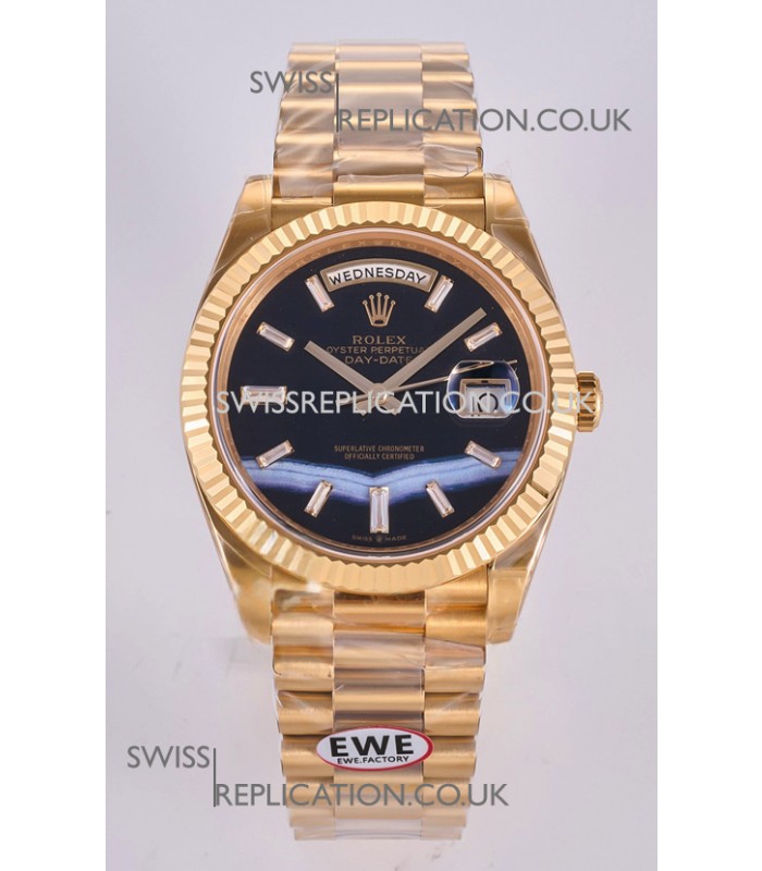 Rolex Day Date Yellow Gold Custom Black Dial 40MM Super Clone Watch 