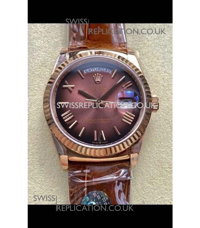 Rolex Day Date 128235 Rose Gold Brown Ombre Roman Dial Super Clone Watch 