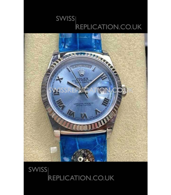 Rolex Day Date 128236 Stainless Steel ICE Blue Roman Dial Super Clone Watch 