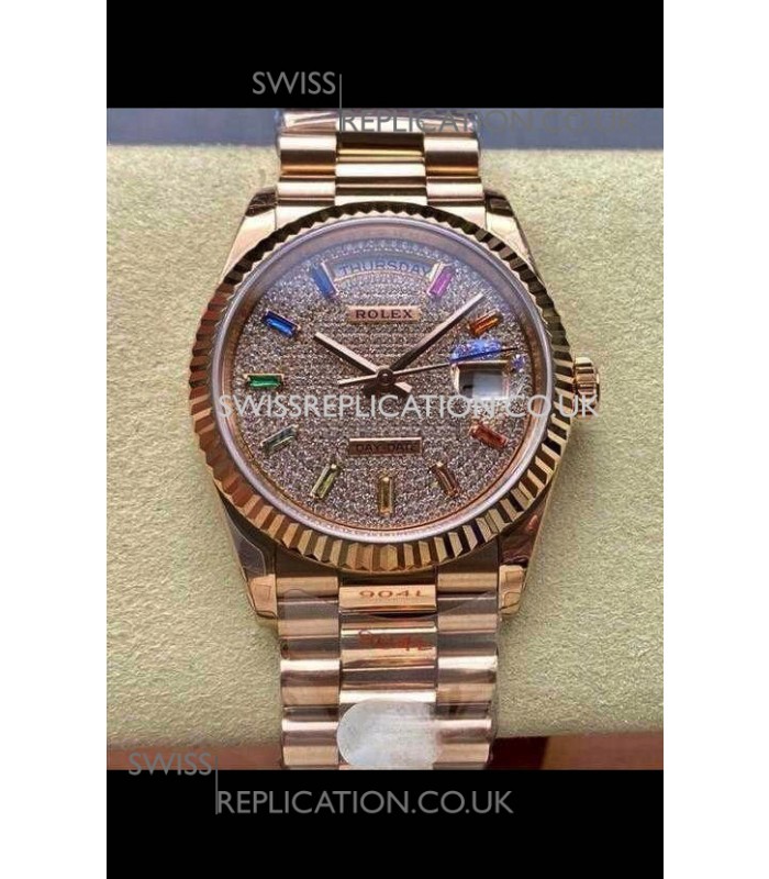 Rolex Day Date 128345RBR Rose Gold Diamonds Dial Super Clone Watch 