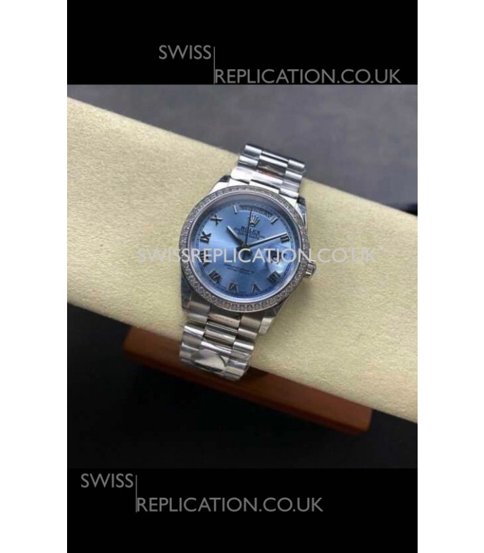 Rolex Day Date 128396TBR Steel Casing ICE Blue Roman Dial Swiss Replica Watch 