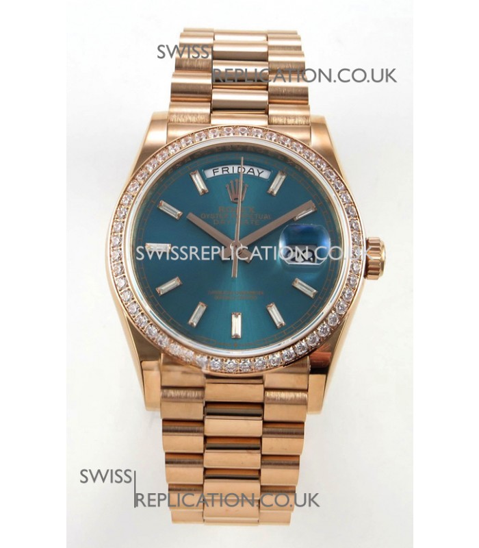 Rolex Day Date 128345 Rose Gold Green Crystal Dial Diamonds Bezel Super Clone Watch 