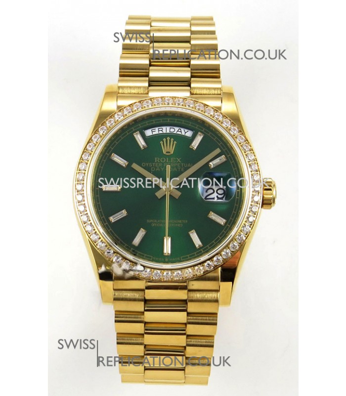 Rolex Day Date 128348 Yellow Gold Green Crystal Dial Diamonds Bezel Super Clone Watch 