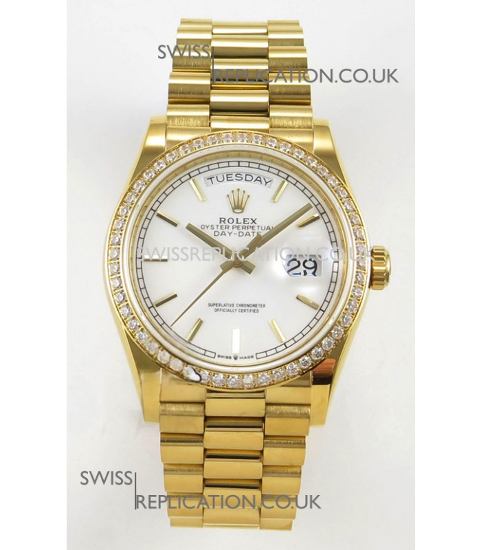 Rolex Day Date 128348 Yellow Gold White Dial Diamonds Bezel Super Clone Watch 