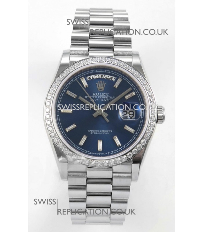Rolex Day Date 128349 Stainless Steel Blue Crystal Dial Super Clone Watch 