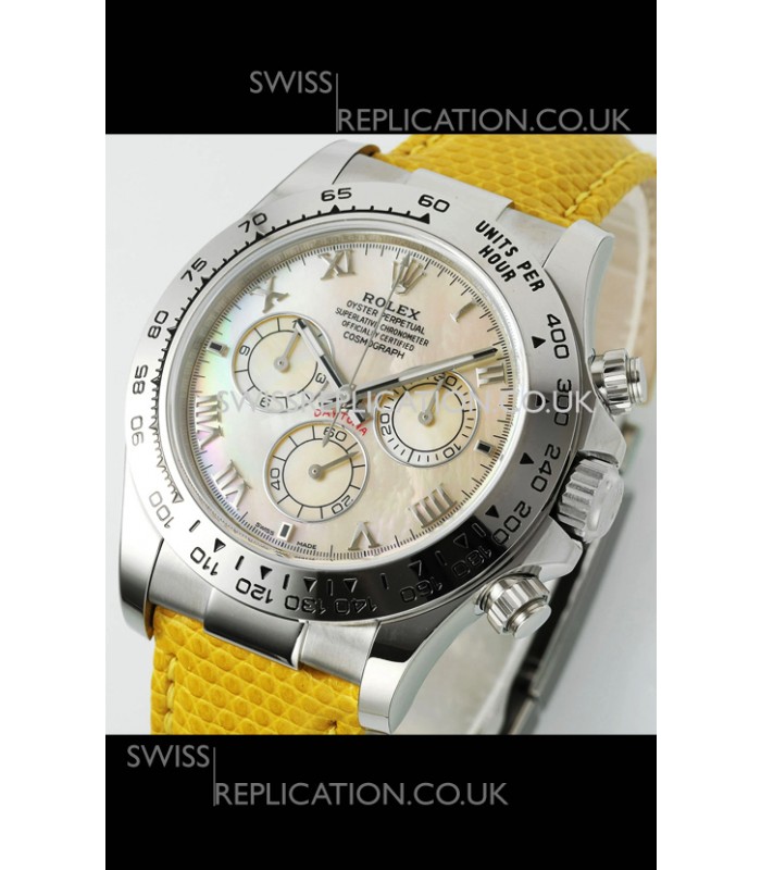 Rolex Daytona 116519 Stainless Steel Yellow Pearl Leather Strap Super Clone Watch