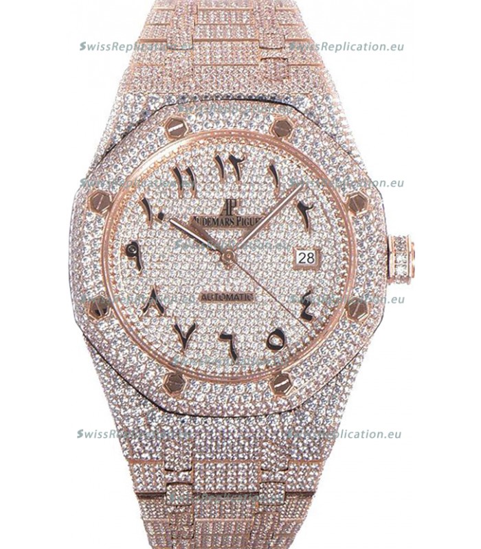 Audemars Piguet Royal Oak 15400 Iced Out Arabic Dial in Rose Gold Casing Swiss Replica Watch