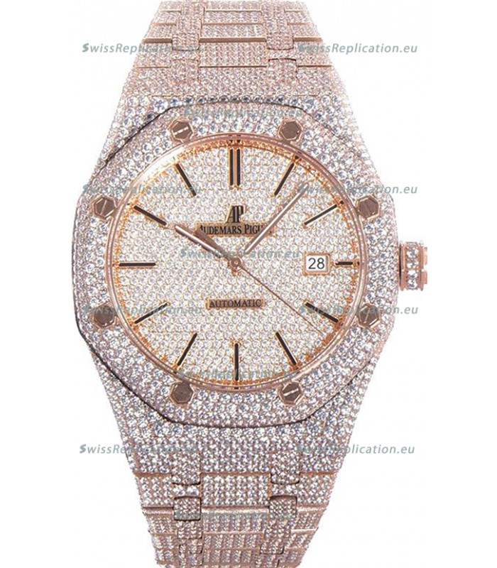 Audemars Piguet Royal Oak 15400 Iced Out Stick Markers Dial in Rose Gold Casing Swiss Replica Watch