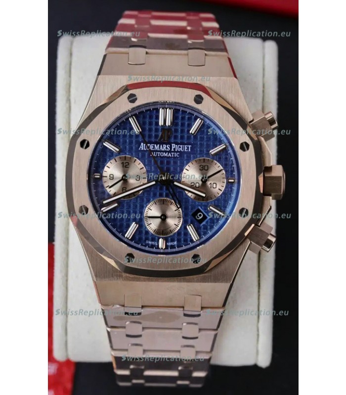Audemars Piguet Royal Oak Chronograph Rose Gold Blue Dial Steel Strap Swiss Replica Watch