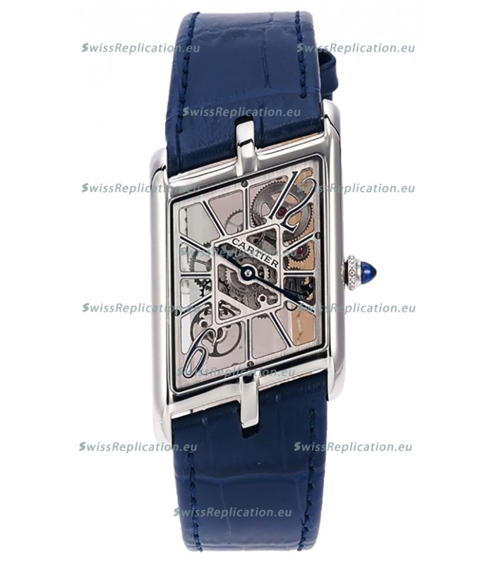 Cartier Tank Asymétrique Stainless Steel Casing Blue Strap Watch in Leather Strap Swiss Replica
