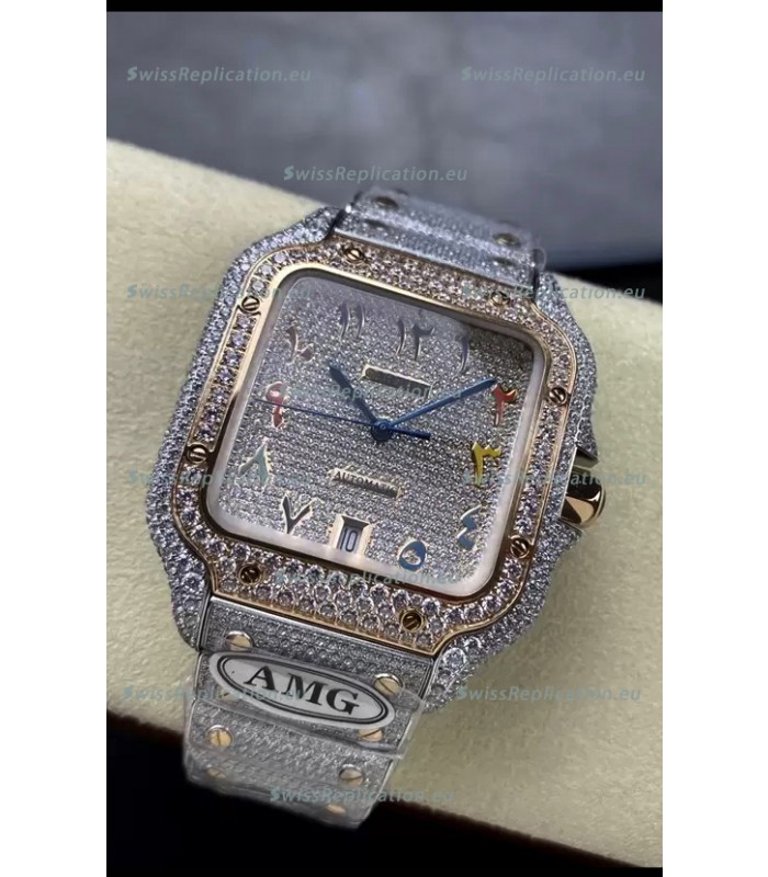 Cartier "Santos De Cartier" 904L Steel Diamonds Colored Arabic Dial 1:1 Mirror Replica - 40MM - Genuine Diamonds