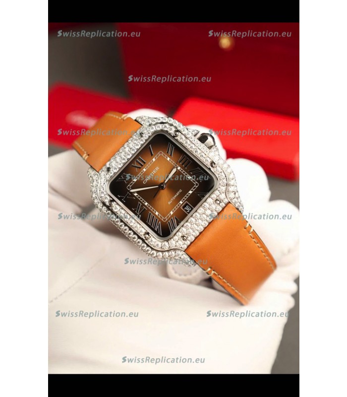 Santos De Cartier Watch in Brown Dial 39.50MM MOSSANITES Paved Bezel Swiss Replica Watch