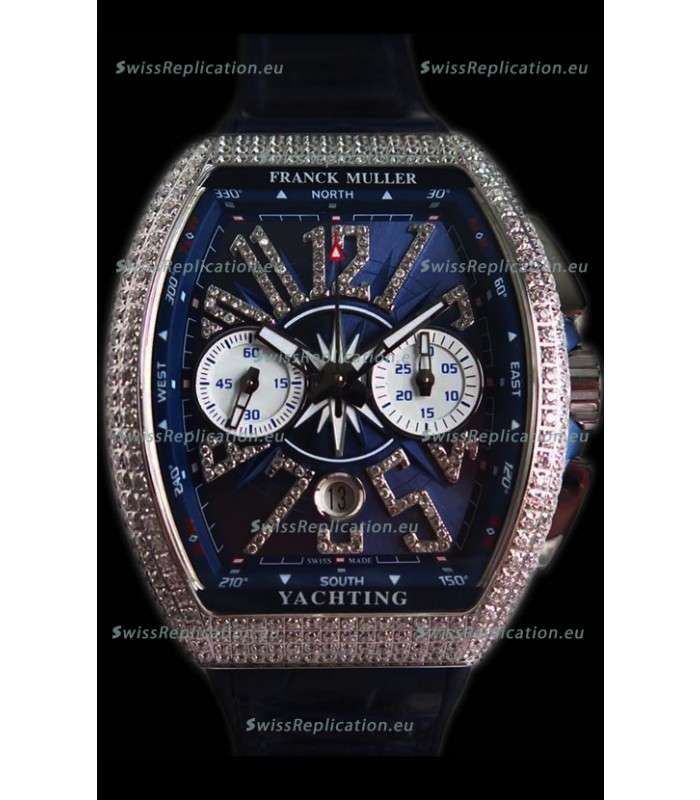Franck Muller Vanguard Chronograph 904L Steel Blue Dial with Diamonds Swiss Watch 