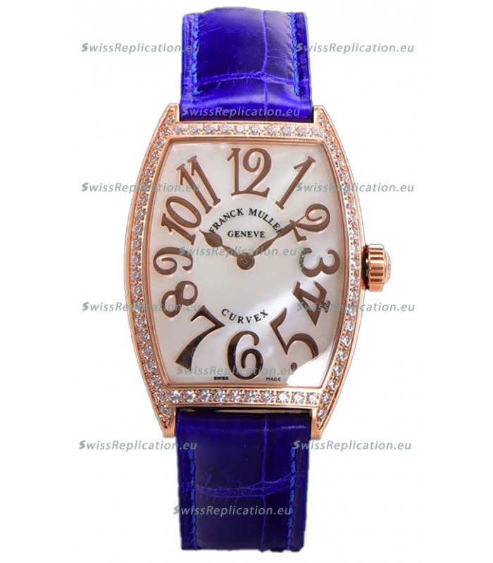 Franck Muller Cintree Curvex Mother of Pearl Dial Watch in Rose Gold Plating - Purple Strap 