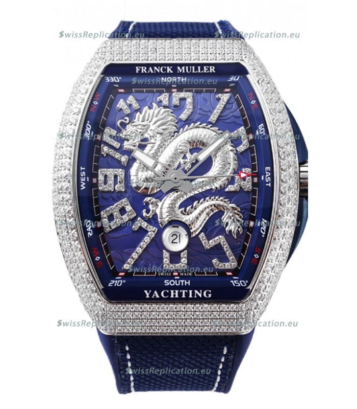 Franck Muller Vanguard Yachting Dragon V45 Blue Dial in Diamonds Bezel Swiss Replica