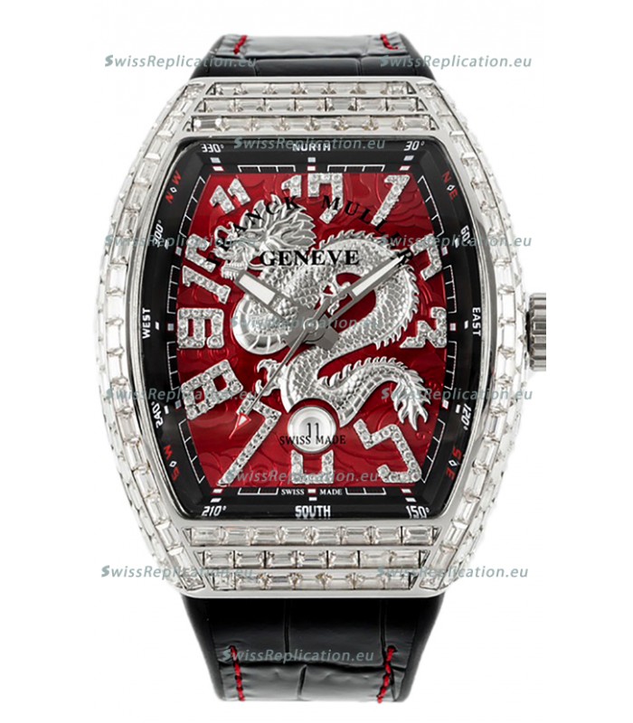 Franck Muller Vanguard Yachting Dragon V45 Red Dial in Square Diamonds Bezel Swiss Replica