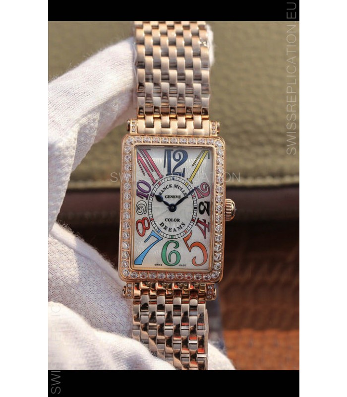 Franck Muller Long Island Pink Gold Swiss Watch in Swiss Quartz Movement Diamonds Bezel