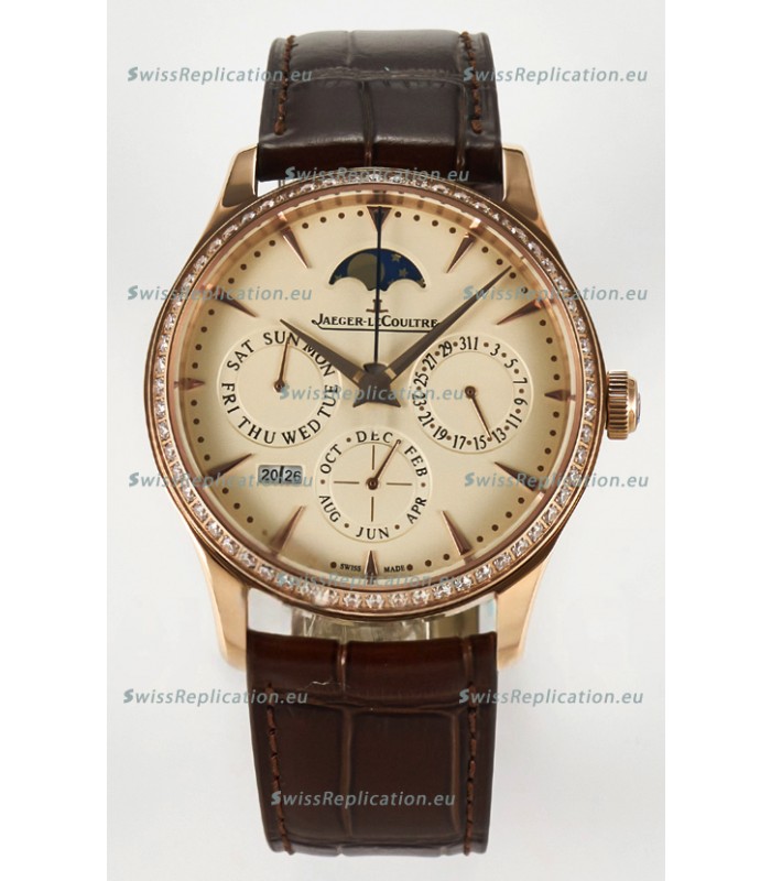 Jaeger LeCoultre Super Clone Master Ultra-Thin Perpetual Calendar Cream Dial Diamonds Bezel Watch