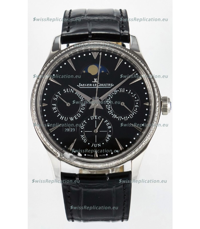 Jaeger LeCoultre Super Clone Master Ultra-Thin Perpetual Calendar Black Dial Diamonds Watch