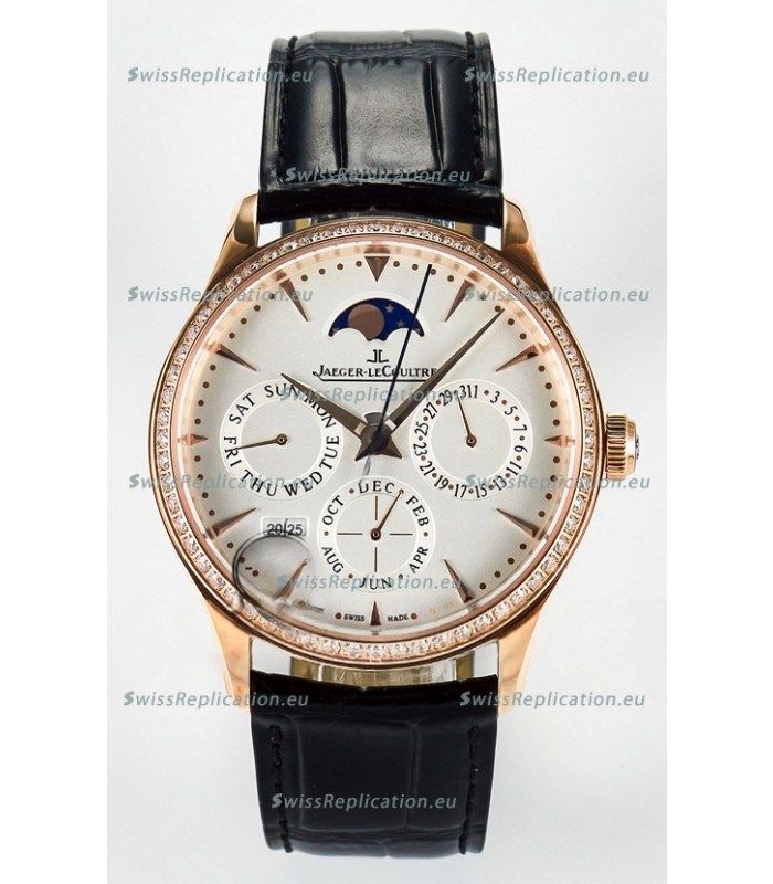 Jaeger LeCoultre Super Clone Master Ultra-Thin Perpetual Calendar White Dial Diamonds Bezel Watch