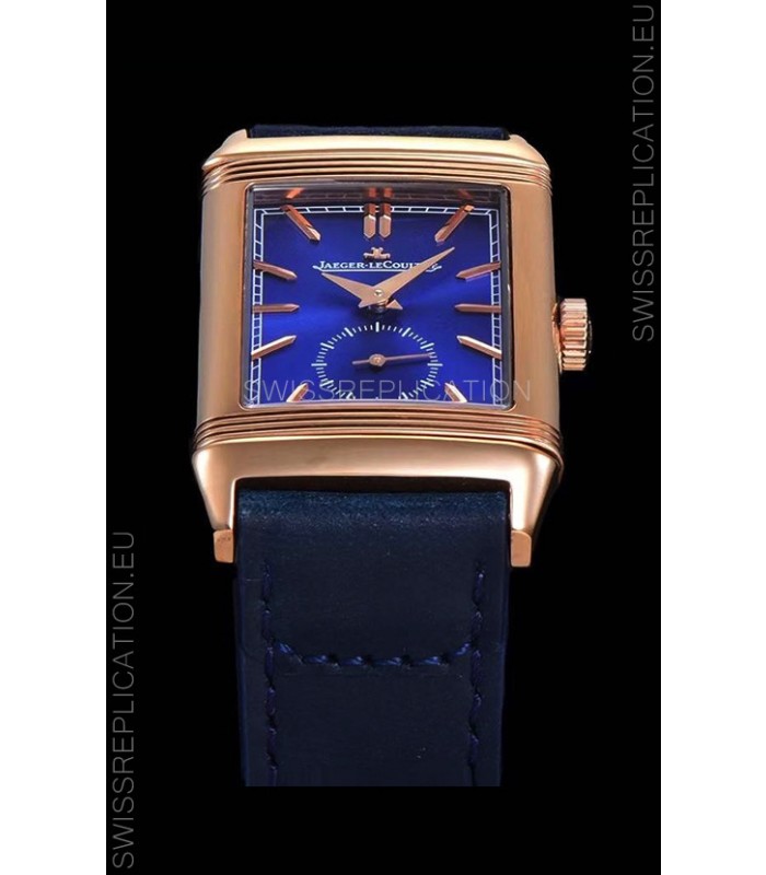 Jaeger LeCoultre Reverso Swiss Replica Watch in Rose Gold Casing - Blue Dial 