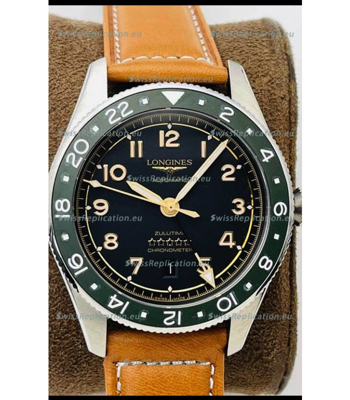 Longines Spirit ZULU Time 1:1 Mirror Replica Watch in 904L Steel Casing - Swiss L844.4 Automatic Movement Brown Strap