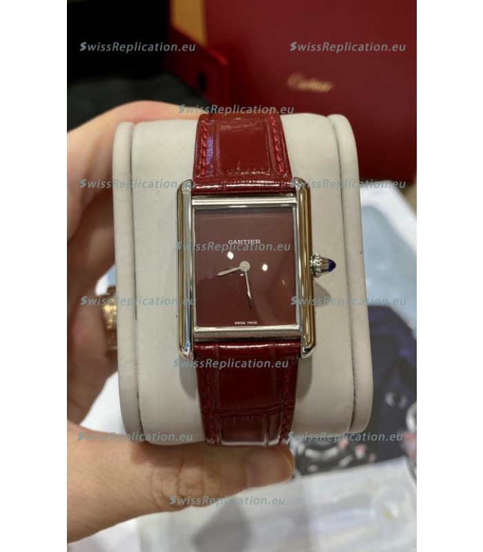 Must De Cartier Tank Edition Watch in 904L Stainless Steel Casing Maroon Dial
