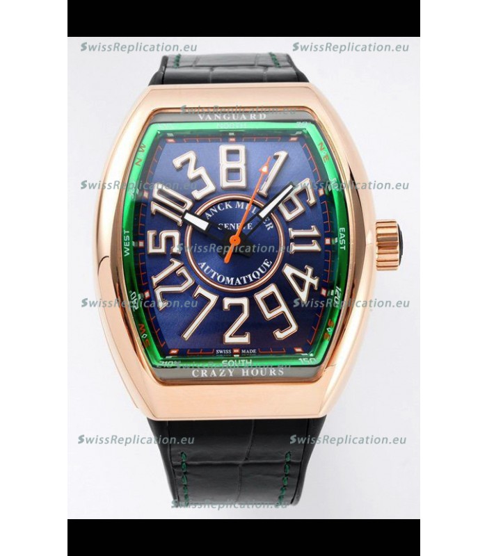 Franck Muller Vanguard Crazy Hours in Rose Gold Plating - Steel Blue Dial Swiss Replica Watch 