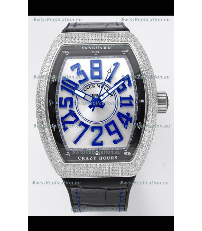 Franck Muller Vanguard Crazy Hours in Stainless Steel Diamonds - White Dial Swiss Replica Watch 