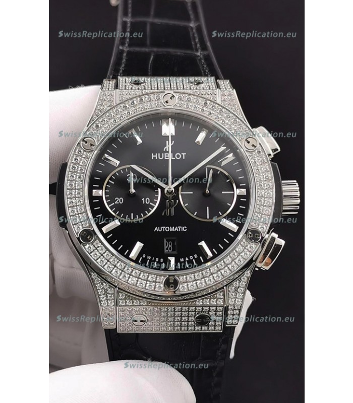 Hublot Classic Fusion Chronograph Steel Diamonds Casing Black Dial 1:1 Mirror Replica Watch 