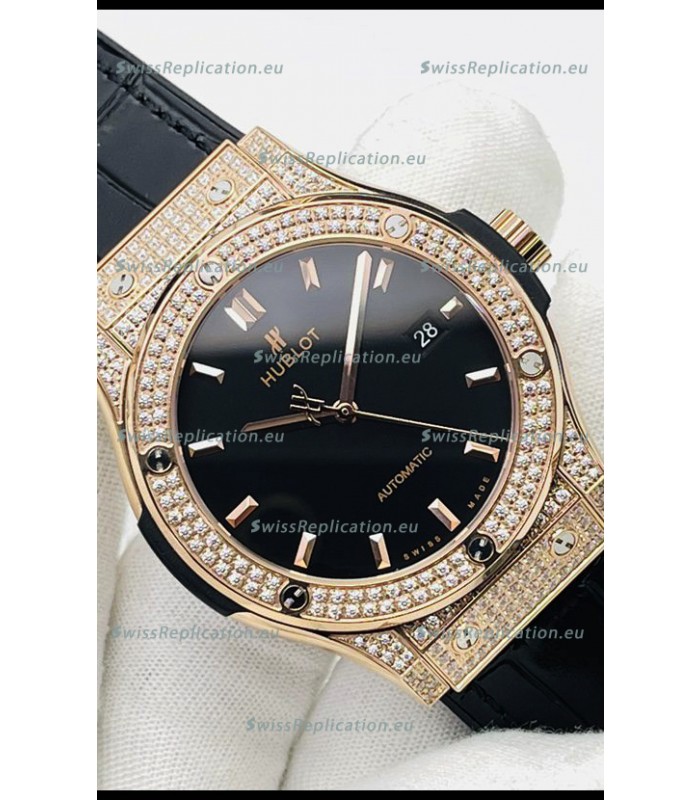 Hublot Classic Fusion Diamonds Rose Gold Black Dial Swiss Replica Watch 1:1 Mirror Quality 