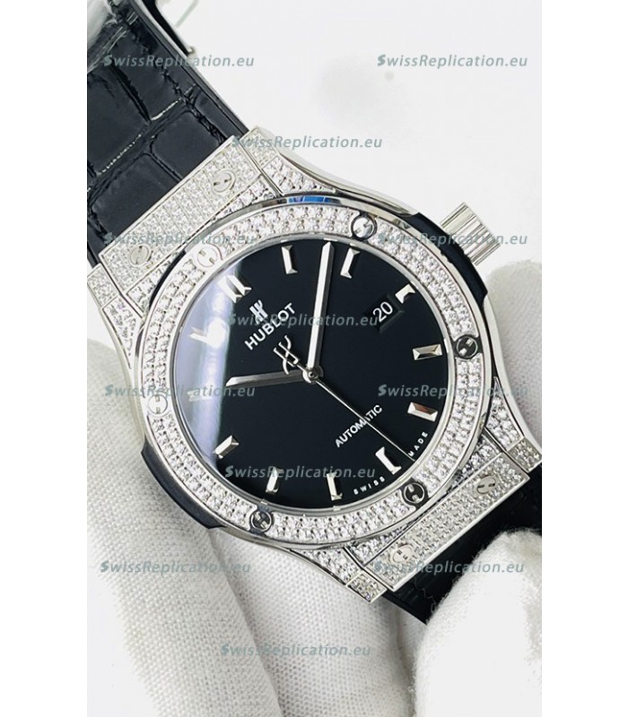 Hublot Classic Fusion Stainless Steel Diamonds Black Dial Swiss Replica Watch 1:1 Mirror Quality 