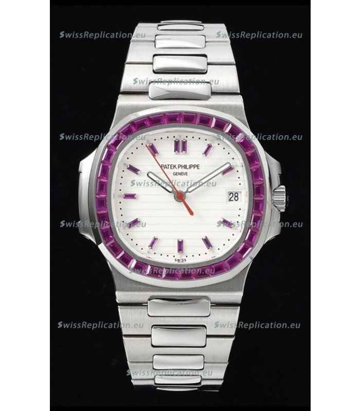 Patek Philippe Nautilus 5711 White Dial 1:1 Mirror Replica in 904L Steel with Rubies Bezel
